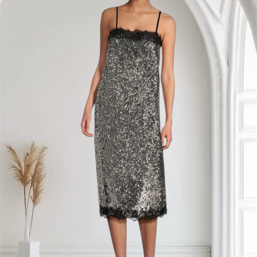 Gianni Bini x Lilly Sisto Allegra Sequin Slip Dress Sz 8 Lace Spaghetti Strap